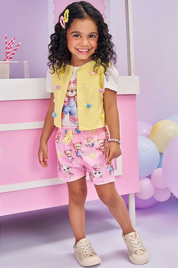 Trio de Body em Cotton, Shorts em Molecotton e Colete em Sarja com Ônix Elastano Kukiê