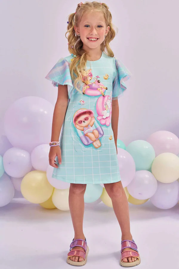 Vestido em Fly Tech e Tule Sublimado Kukiê