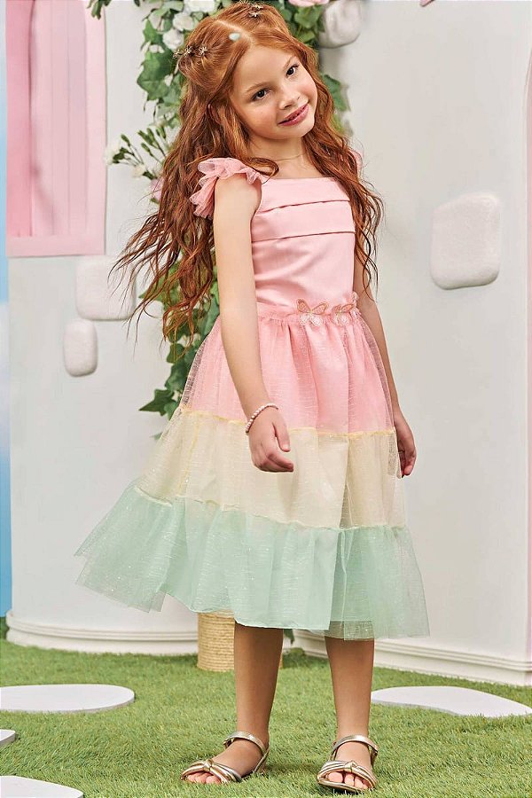 Vestido em Super Cetim e Tule Wave Infanti