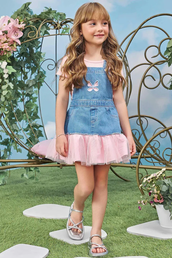 Conjunto de Blusa em Malha Wave e Salopete em Jeans Arkansas e Tule Infanti
