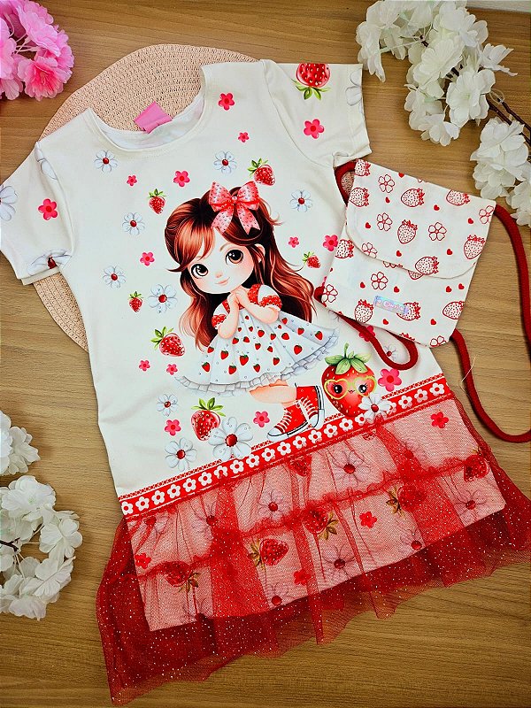 Vestido com Cheirinho de Morango Cinti Vermelho Acompanha Mochila
