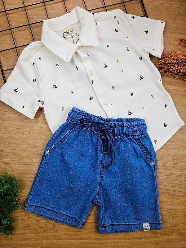 Conjunto de Camisa em Cotton e Bermuda em Jeans Bellini com Elastano LucBoo