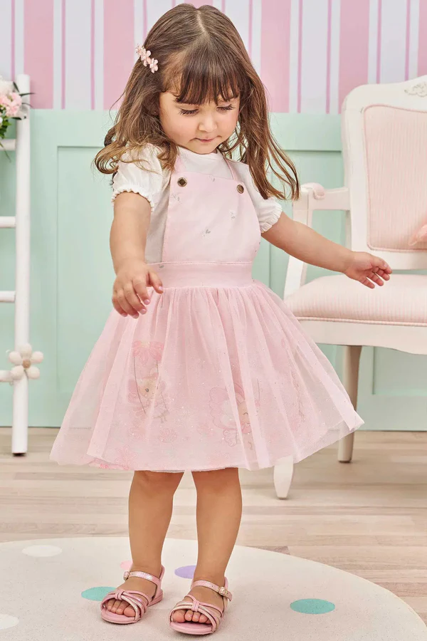 Conjunto de Body em Cotton e Salopete em Sarja Stretch com Elastano e Tule Infanti