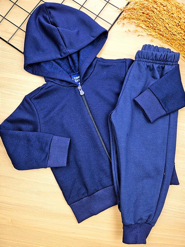 Conjunto Jaqueta e Calça em Moletom Peluciado Azul Marinho Bee Loop