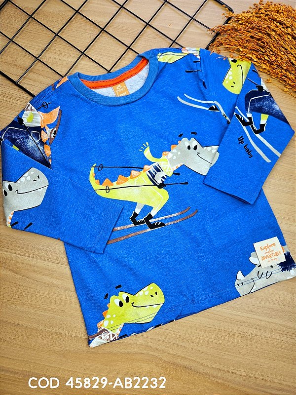 Camiseta Manga Longa em Algodão Dino Up Baby