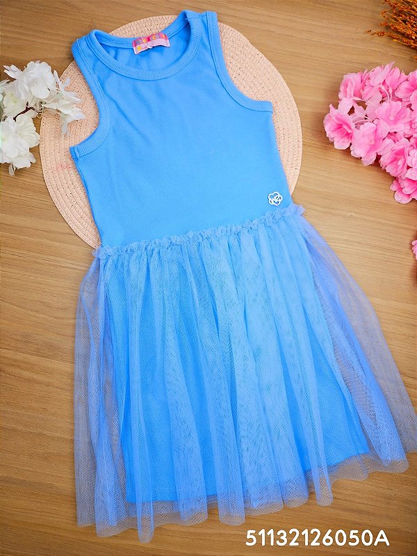 Vestido Regata Canelada com Tule Azul Mon Sucré