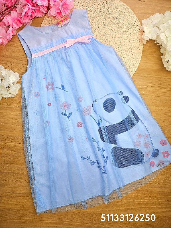 Vestido em Tricoline 100% Algodão com Sobreposição em Tule Panda Mon Sucré