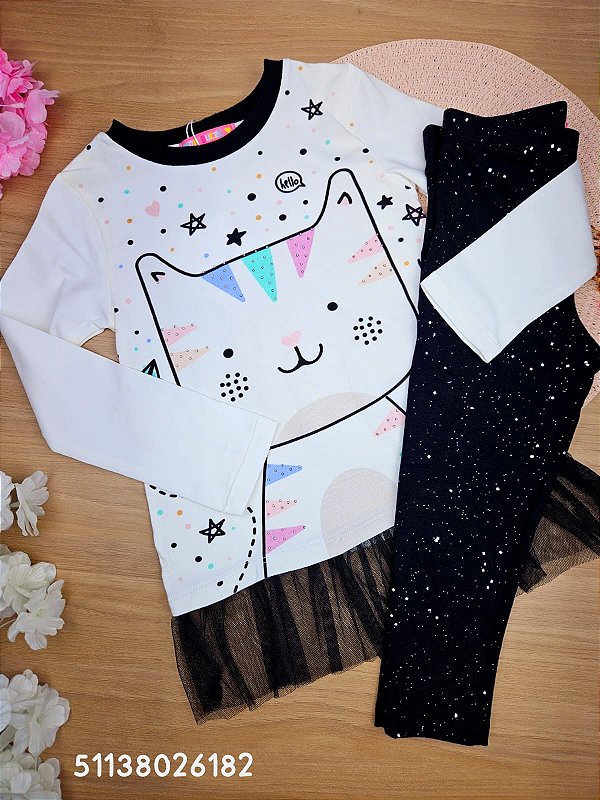Conjunto Blusa e Legging  com Glitter 100% Algodão Gatinha Mon Sucré