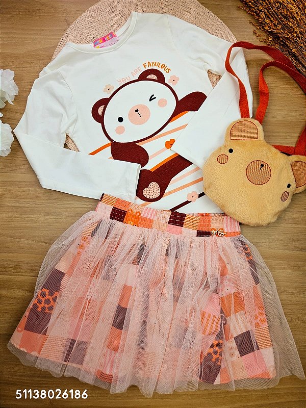 Conjunto Blusa Manga Longa e Saia Ursinho com Sobreposição em Tule Mon Sucré