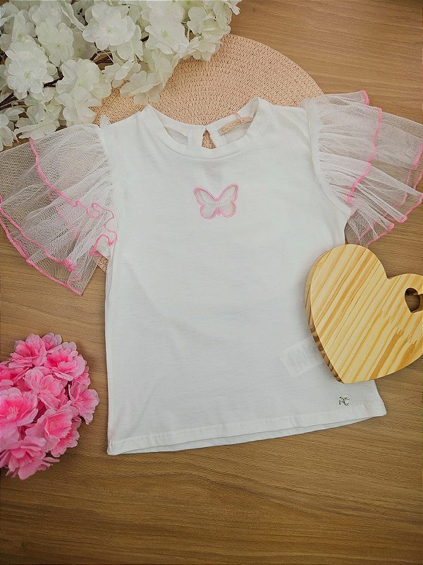 Blusa 100% Algodão Com Manga em Tule Borboleta Petit Cherie