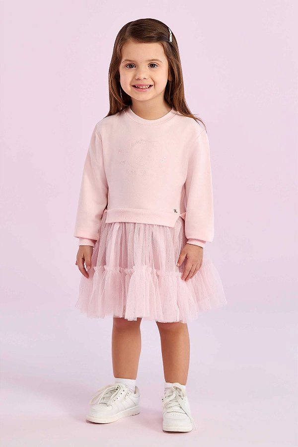 Vestido em Moletom e Tule Ursinha Bailarina Petit Cherie