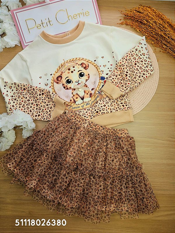Conjunto Blusão em Molecotton  e Saia com Short embutido Oncinha Petit Cherie