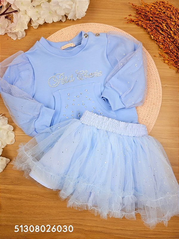 Conjunto Blusa em Molecotton e Saia com Short Embutido e Glitter Petit Cherie