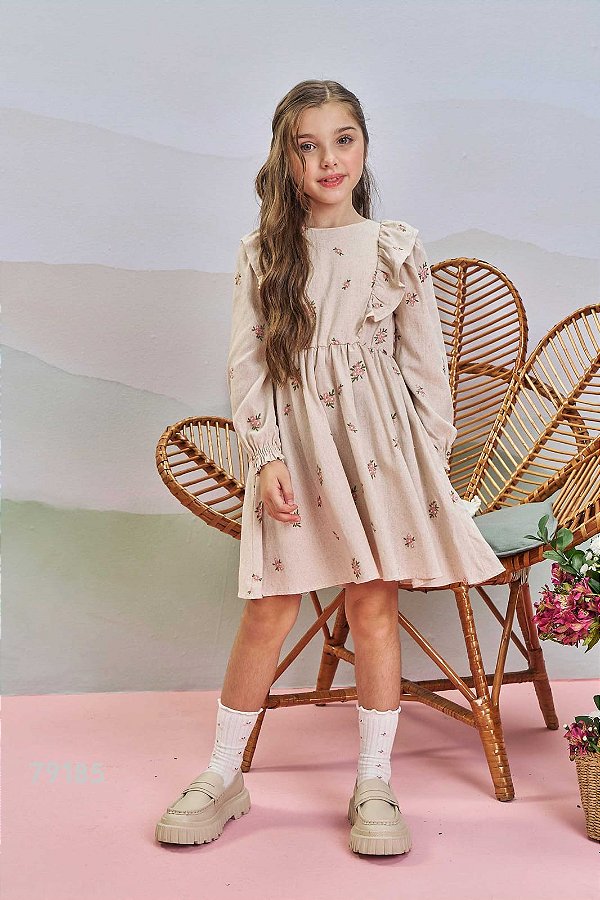 Vestido em Linho Bordado Flores Infanti