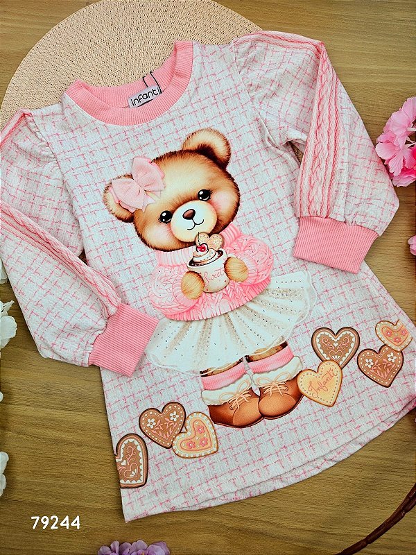 Vestido em Termoskin Térmico Ursinha Tutu Peluciado Infanti