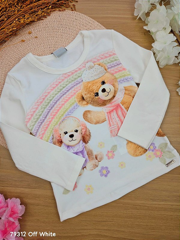 Blusa Manga Longa em Cotton Off White Cachorrinhos Infanti