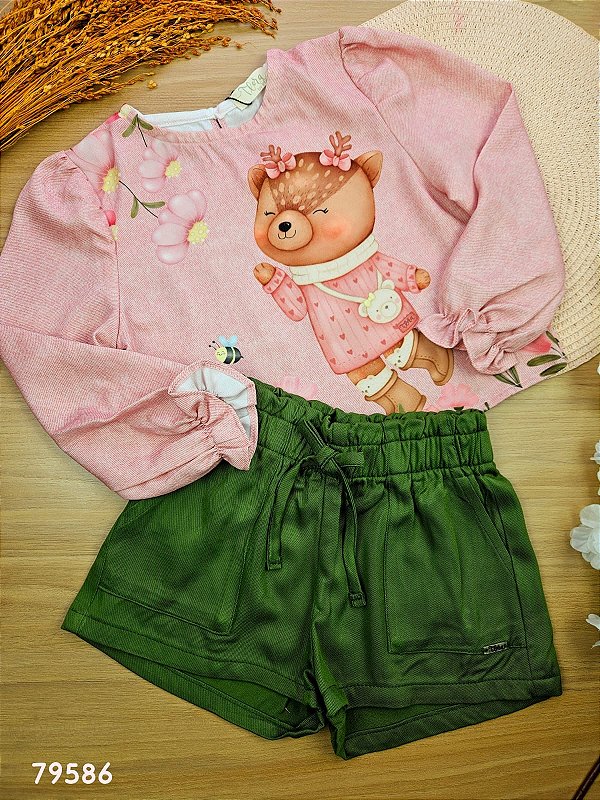 Conjunto de Blusa Boxy em Malha Twill com Shorts em Viscose Rayon Reninha Infanti