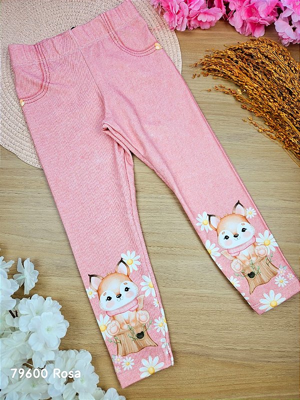 Calça Legging em Termoskin Térmica Peluciada Rosa Raposa Infanti