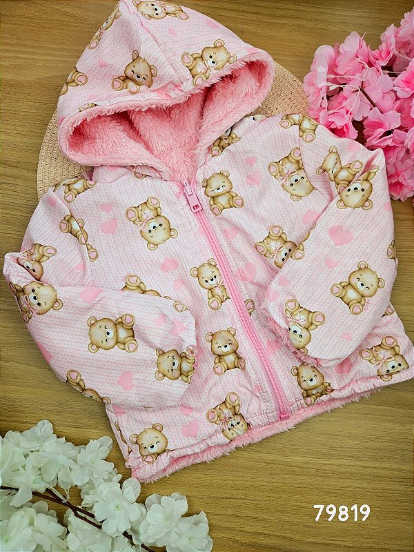 Jaqueta Reversível em Nylon e Pelo Carneirinho Ursinhos Infanti