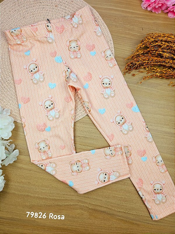 Calça Legging em Termoskin Térmica Peluciada Rosa Ursinhas Infanti