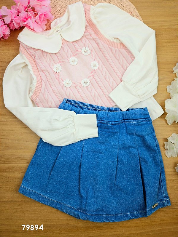 Trio de Blusa em Cotton e Colete em Molecotton e Short Saia em Jeans com Elastano Infanti