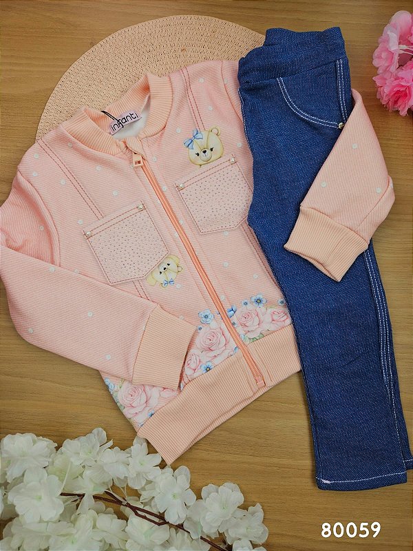 Conjunto de Jaqueta em Moletom Peluciado e Calça em Malha Ursinha Denim Infanti