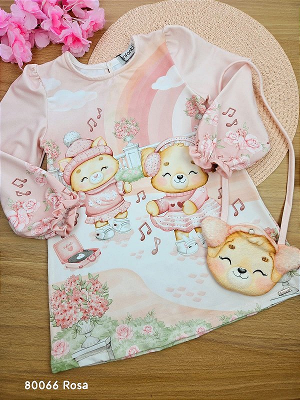 Vestido em Malha Comfy com Bolsa em Fleece Rosa Infanti