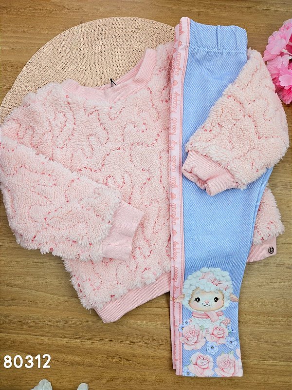 Conjunto de Blusão em Pelo Canelada Paetê com Calça Legging em Termoskin Térmica Peluciada Ovelhinha Infanti