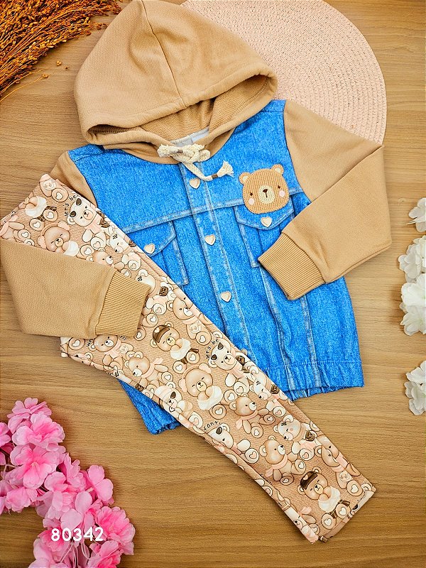 Conjunto de Blusão em Moletom e Calça Legging em Fly Tech Urso Infanti