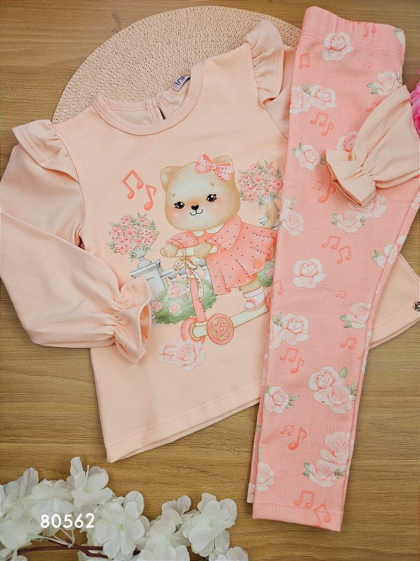 Conjunto de Bata em Malha Comfy e Calça e Cotton Jeans Gatinha Musical Infanti