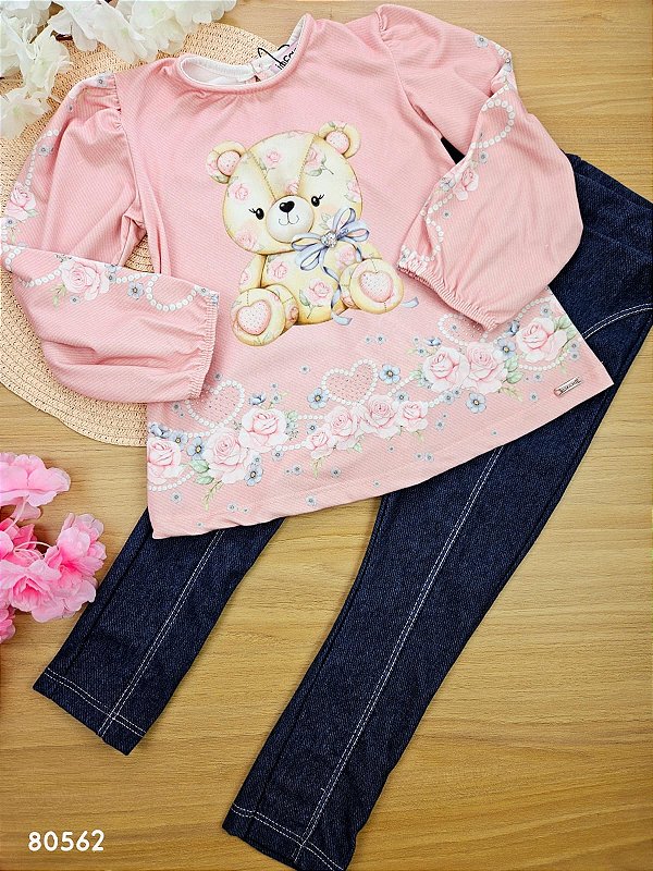 Conjunto de Bata em Malha Comfy com Calça em Cotton Jeans Rosa Infanti