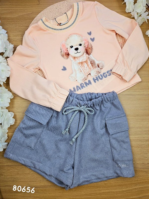 Conjunto Blusa Boxy em Cotton e Shorts em Suede Sarjado Cachorrinho Infanti