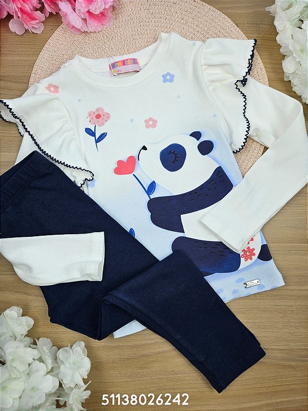 Conjunto Blusa Manga Longa Canelada e Legging Panda Mon Sucré