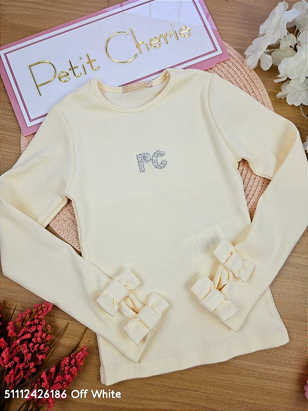 Blusa Manga Longa Canelada Lacinhos de Princesa Off White Petit Cherie