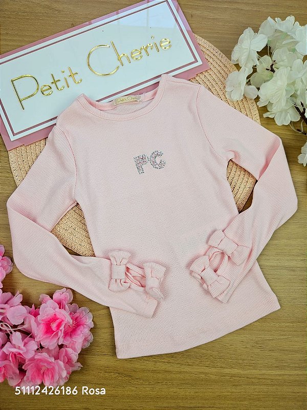 Blusa Manga Longa Canelada Lacinhos de Princesa Rosa Petit Cherie