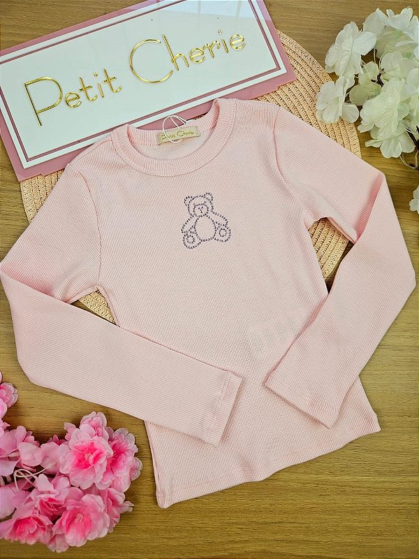 Blusa Manga Longa Canelada Bear Rosa Glacê Inverno Petit Cherie