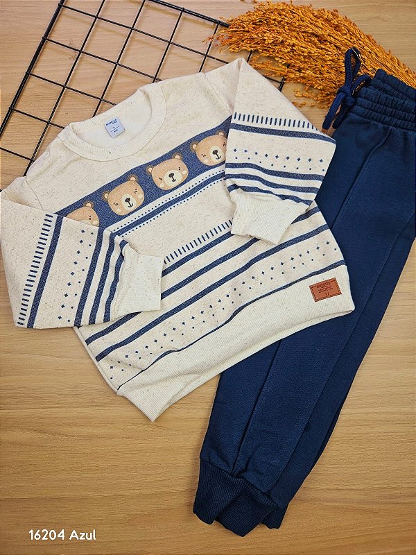 Conjunto Blusão e Calça em Moletom Peluciado Bear Azul Divertto