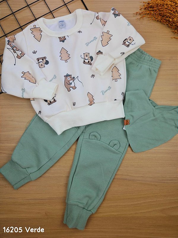 Conjunto Blusão e Calça em Moletom Bear Verde (acompanha babador) Divertto