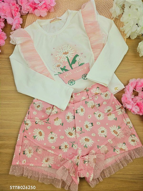 Conjunto Blusa Manga Longa e Short Sarjado Margaridas Petit Cherie