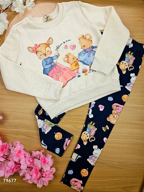 Conjunto de Blusão em Moletom 3 Cabos Peluciado e Legging em Termoskin Térmica Kukiê