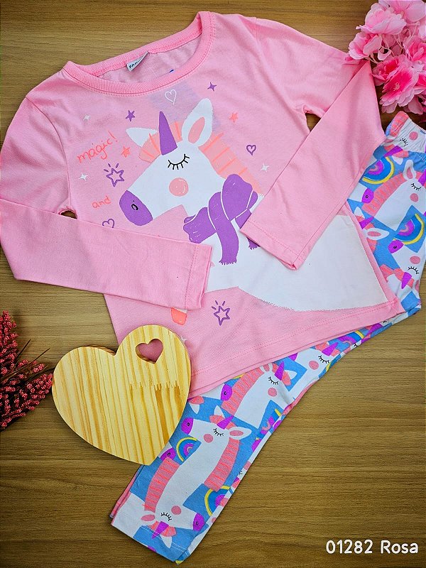 Conjunto Blusa Manga Longa e Calça Legging Unicórnio Rosa Fakini