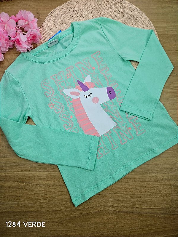Blusa Manga Longa Unicórnio Verde Fakini