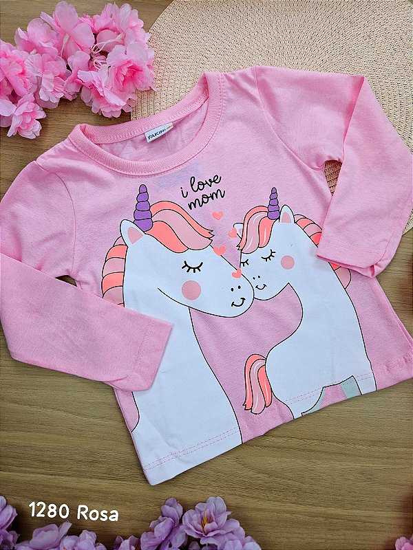 Blusa Manga Longa Unicórnio Rosa Fakini