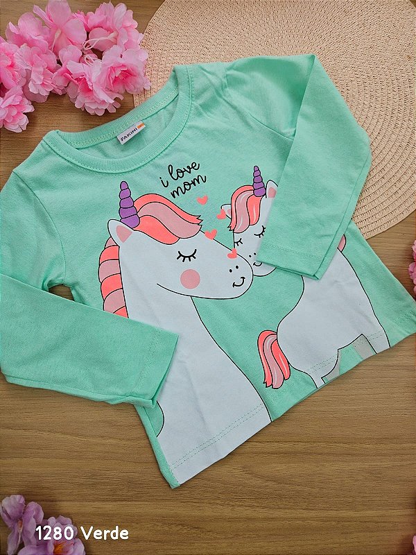 Blusa Manga Longa Unicórnio Verde Fakini