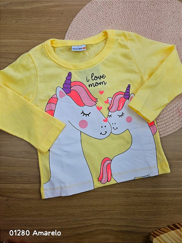 Blusa Manga Longa Unicórnio Amarelo Fakini