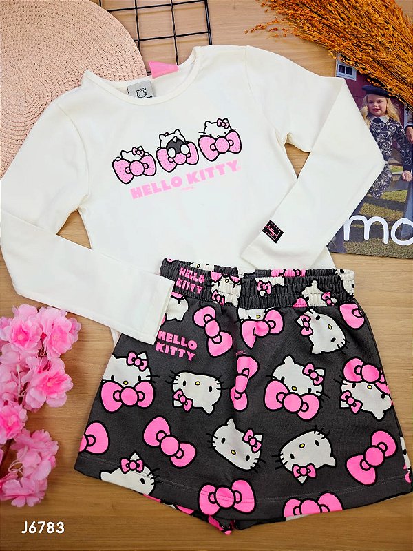 Conjunto de Blusa em Manga Longa e Short Saia Hello Kitty Momi