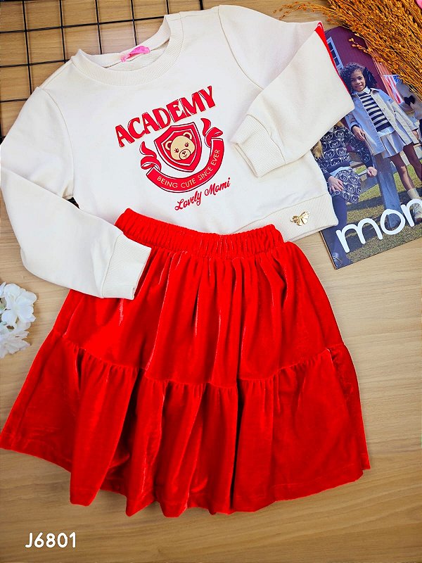 Conjunto de Blusa em Moletom e Saia em Camurça com Shorts Embutido Academy Momi