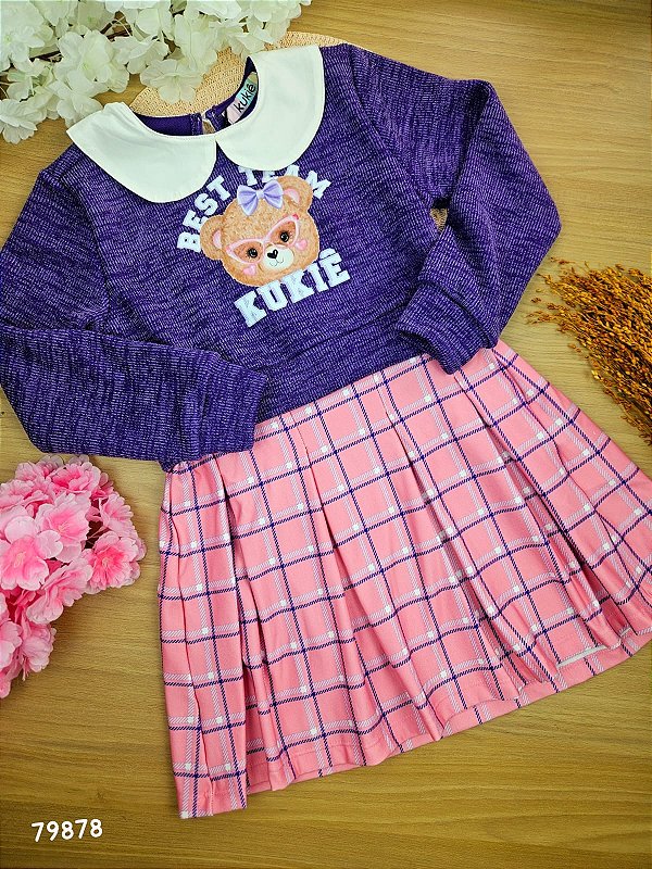 Vestido em Canelado Mesclado e Molecotton Bear Kukiê