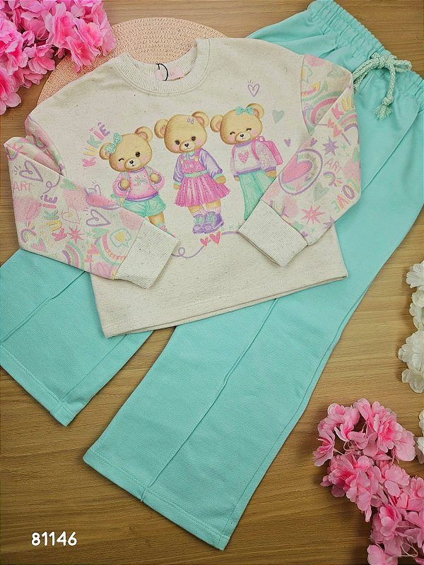 Conjunto de Blusão Boxy e Calça Wide Leg em Moletom Verde Kukiê