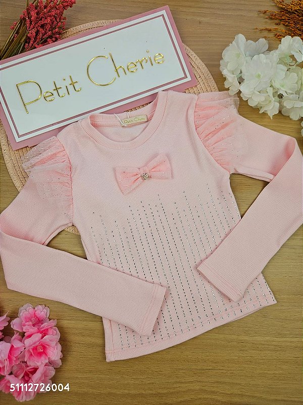 Blusa Manga Longa Canelada Rosa Glacê Petit Cherie